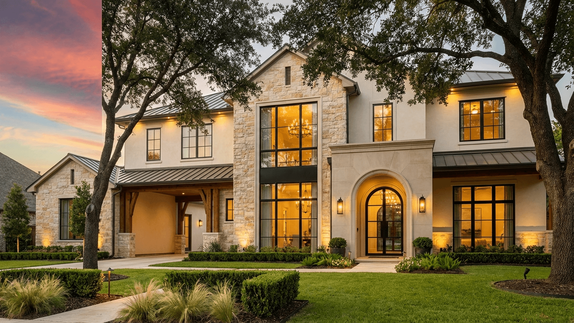 Modern Texas farmhouse at golden hour